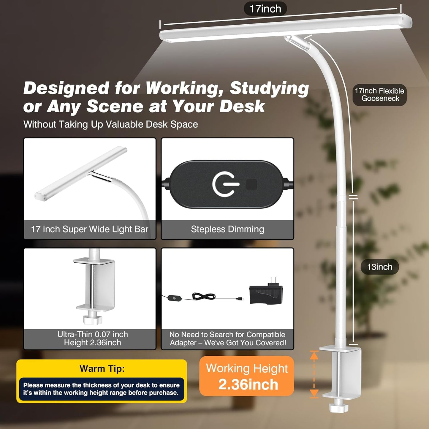 Airlonv LED Desk Lamp for Office Home, Eye-Caring Desk Light with Stepless Dimming Adjustable Flexible Gooseneck, 10W USB Adapter Desk Lamp with Clamp for Reading, Study, Workbench (Black)