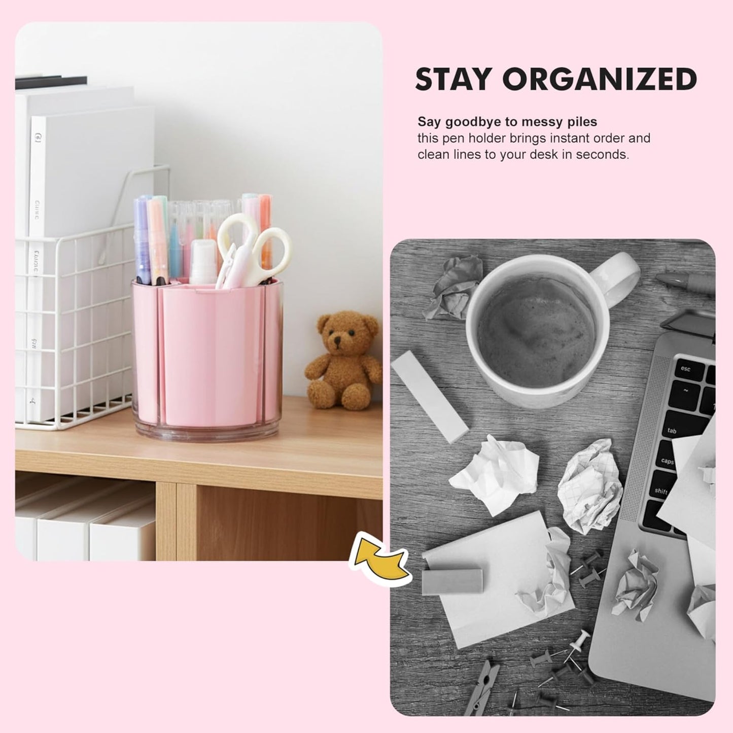 Comix 360° Rotating Pen Holder for Desk, Cute Pencil Holder Pen Organizer, Green Acrylic Pencil Cup Caddy with 5 Slots for Home School Office Supplies