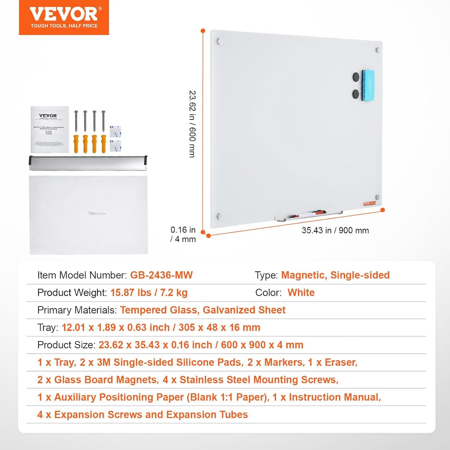 VEVOR Magnetic Glass Whiteboard, Dry Erase Board 36"x24", Wall-Mounted Large White Glassboard Frameless, with Marker Tray, an Eraser and 2 Markers, Black