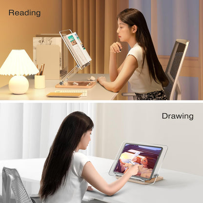 Adjustable Acrylic Book Stand for Reading, Book Holder with Pen Slot, Foldable Desktop Riser for Laptop, Recipe, Textbook - Hands-Free,Cookbook Stand, Clear Design with Page Clips