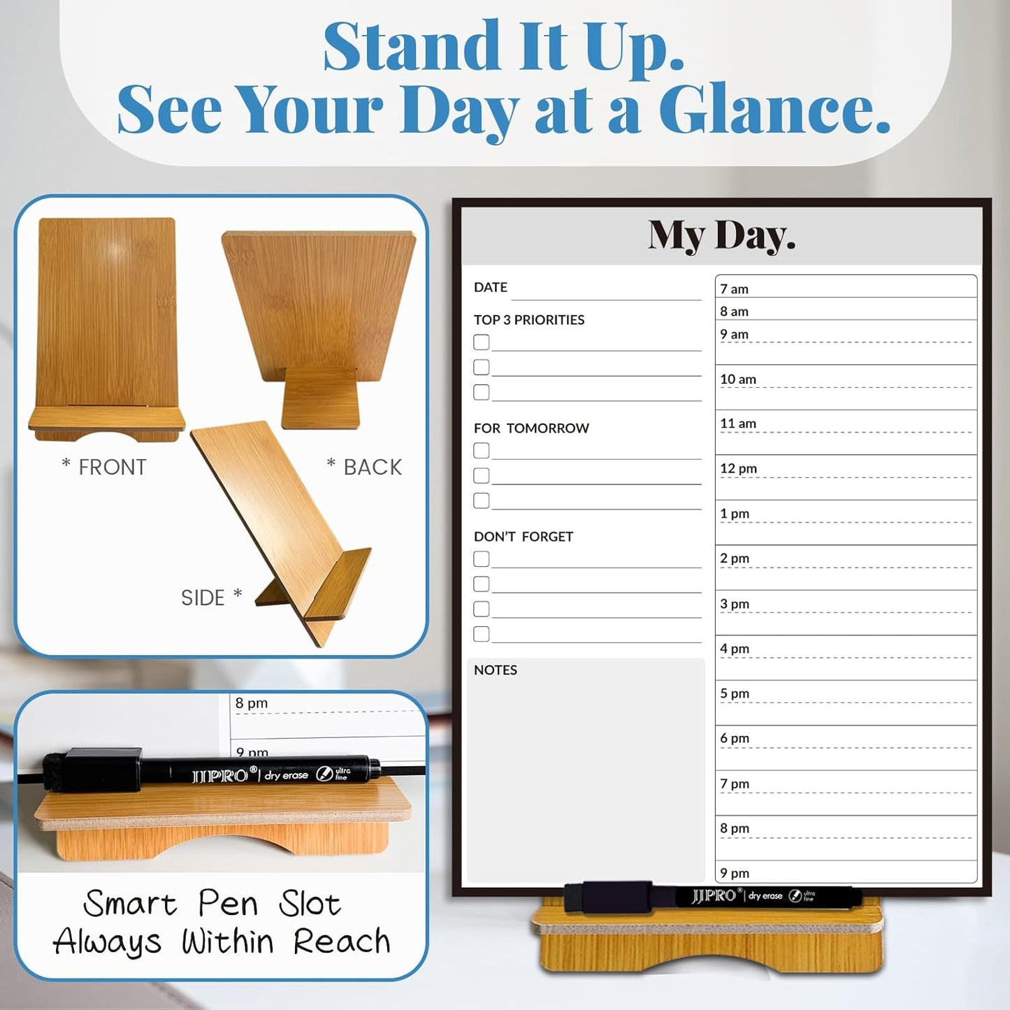 JJPRO Reusable Desktop Daily Planner with Stand,Reusable Time Schedule Board,11"x8.5" Hourly Schedule Dry Erase Board with Time Slots,Desk Hourly Dry Erase Board w/Engineered Wood Stand-Sage Green