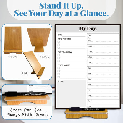 JJPRO Reusable Desktop Daily Planner with Stand,Reusable Time Schedule Board,11"x8.5" Hourly Schedule Dry Erase Board with Time Slots,Desk Hourly Dry Erase Board w/Engineered Wood Stand-Sage Green