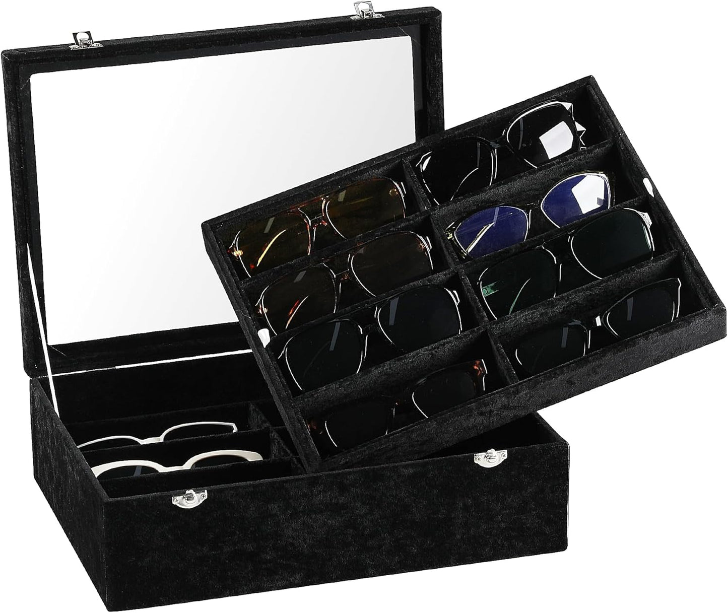 Frebeauty 16 Slots Sunglasses Organizer,2 Layer Velvet Sunglasses Tray with Glass Lid,Multiple Pairs Sunglass Display Case for Man or Woman,13.7 * 10.25 * 4.1 Inches Eyeglass/Eyewear Box (Beige)