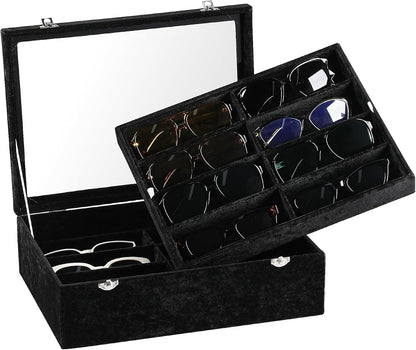 Frebeauty 16 Slots Sunglasses Organizer,2 Layer Velvet Sunglasses Tray with Glass Lid,Multiple Pairs Sunglass Display Case for Man or Woman,13.7 * 10.25 * 4.1 Inches Eyeglass/Eyewear Box (Beige)