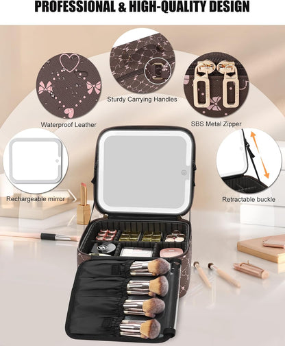 Relavel Travel Makeup Bag With LED Mirror, Cosmetic Train Case with Light up Mirror, Portable Makeup Artist Organizer Bag with Adjustable Dividers, Makeup Brush Holder Storage, Black