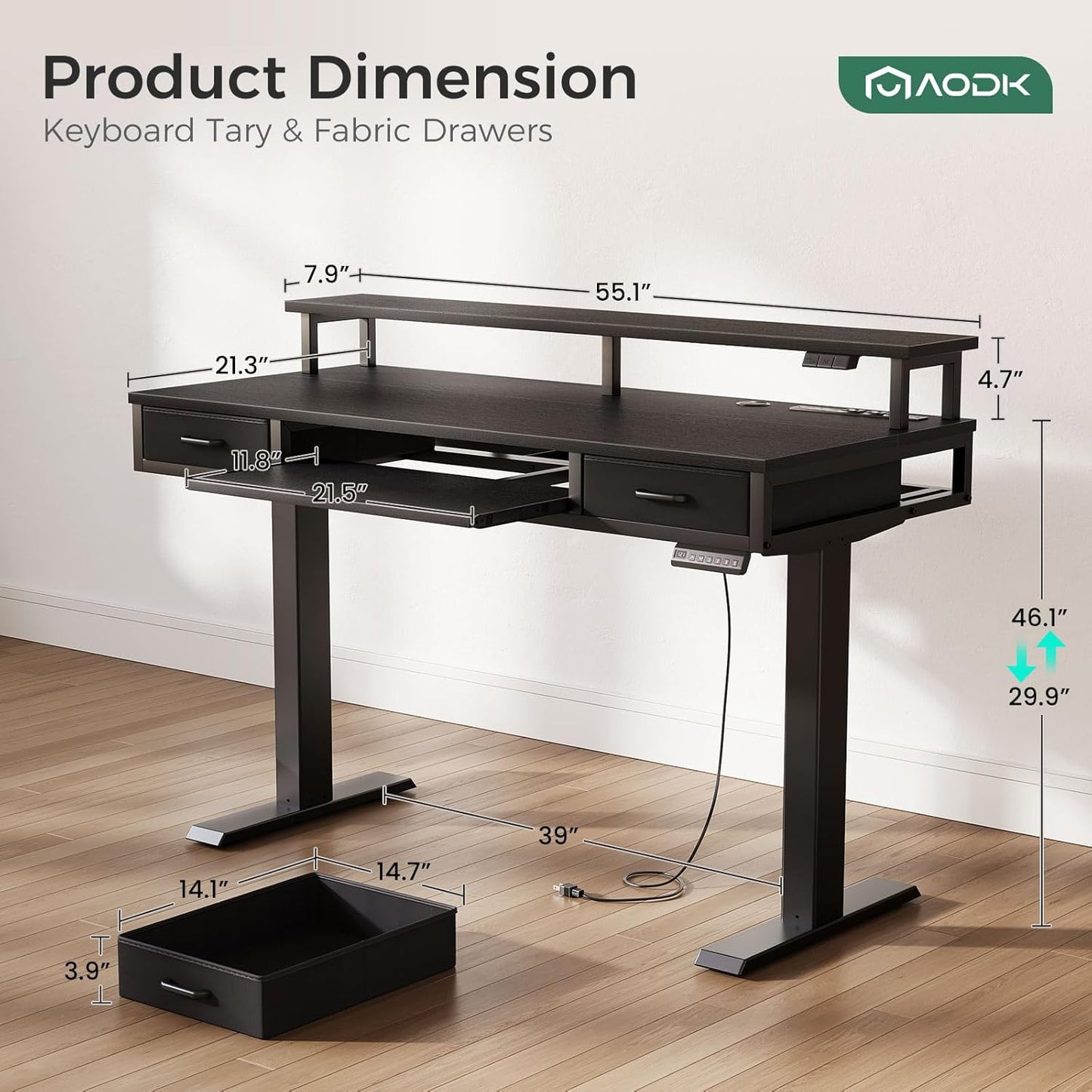 AODK Electric Standing Desk with Drawers & Keyboard Tray, 55 Inch Height Adjustable Gaming Desk with Power Outlets & LED Lights, Sit Stand Table with Monitor Stand for Home, Office, Rustic Brown