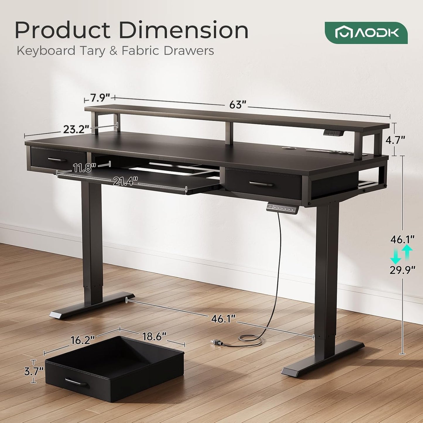 AODK Electric Standing Desk with Drawers & Keyboard Tray, 55 Inch Height Adjustable Gaming Desk with Power Outlets & LED Lights, Sit Stand Table with Monitor Stand for Home, Office, Rustic Brown