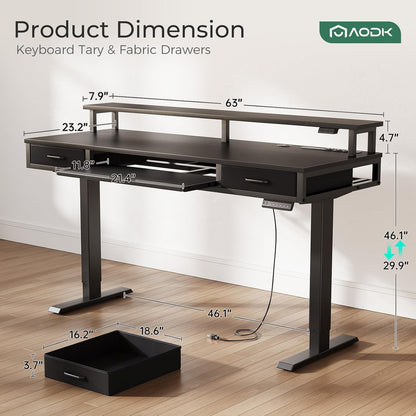 AODK Electric Standing Desk with Drawers & Keyboard Tray, 55 Inch Height Adjustable Gaming Desk with Power Outlets & LED Lights, Sit Stand Table with Monitor Stand for Home, Office, Rustic Brown