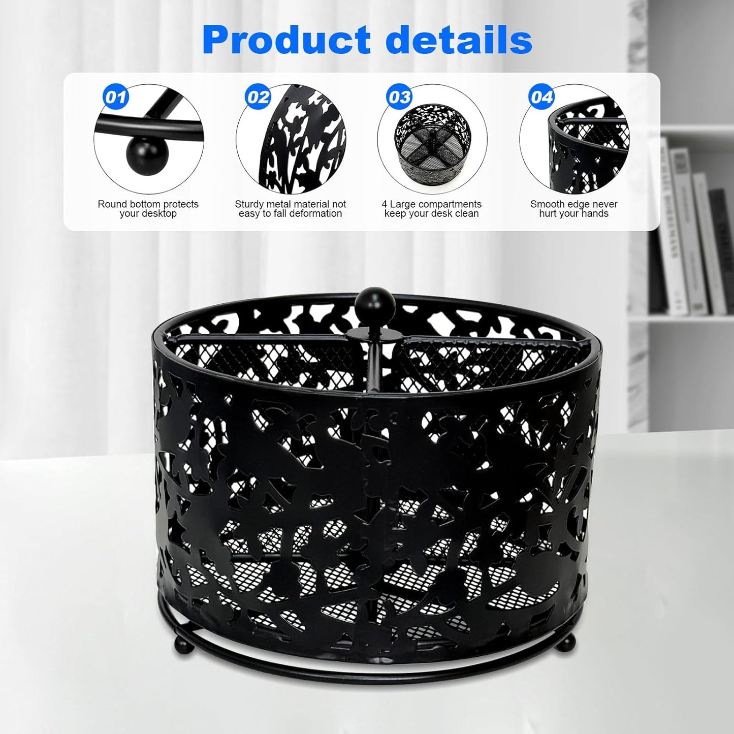 360 Degree Rotate Pen Holder for Desk Mesh Desk Pen Organizer Pencil Holder Large Capacity Accessories & Workspace Organizers for School,Home (Black, No hook)