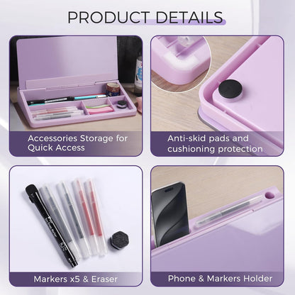 TOWON Small Compact Glass Desktop Whiteboard with Storage – 12 x 7 in Dry Erase Board for Desk, Home Office, School | Includes 5 Markers, Eraser & Holder | Space-Saving Organizer, Aesthetic Rose Gold