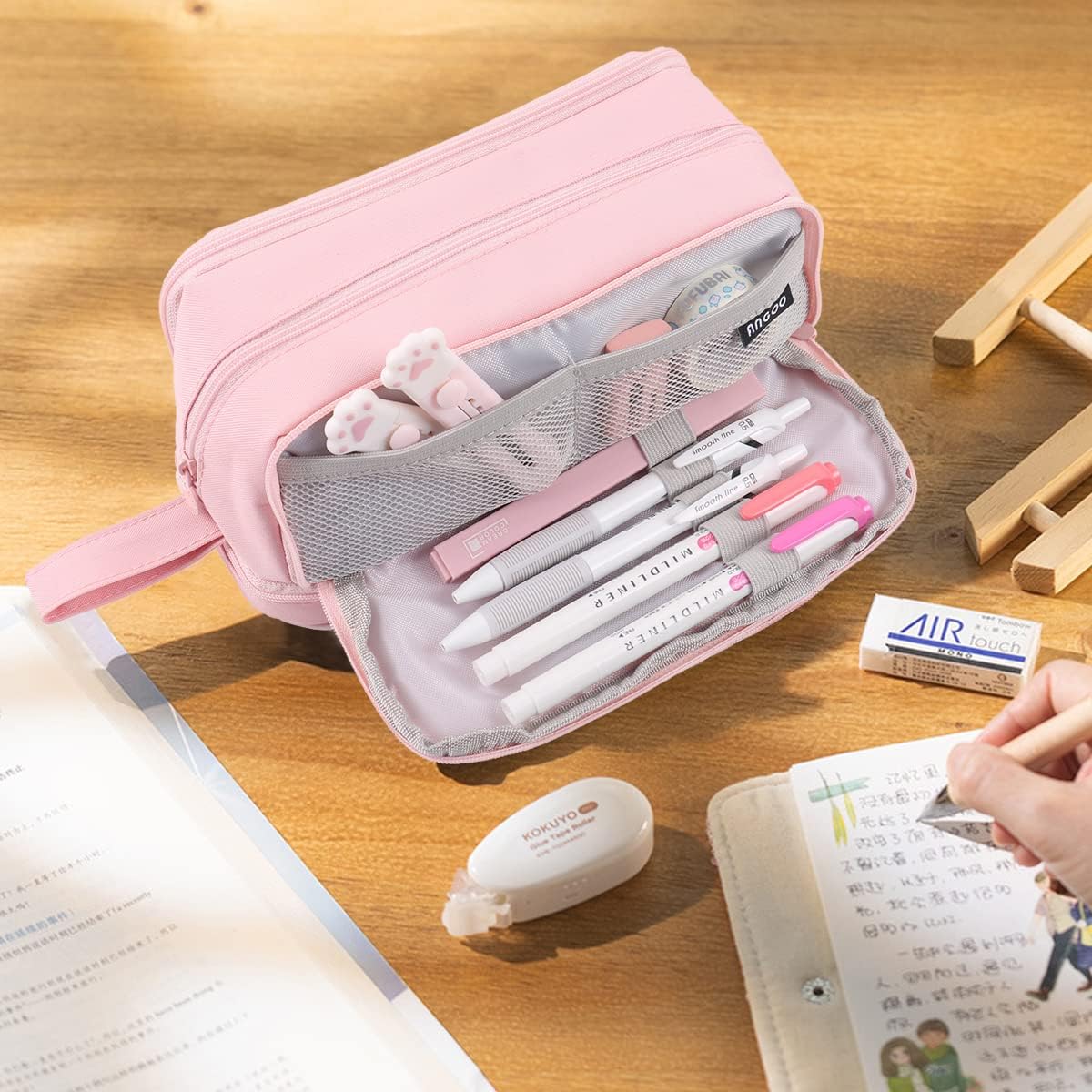MAMUNU Large Capacity Pencil Case 4 Compartments, Pencil Pouch Bag with Zipper Portable Handle, Pen Case Bag Stationery Organizer for Office College School Adults Teen Girls Boys Men Women, Black