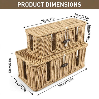 2 Pack Rattan Cable Management Box, Large Cord Organizer Box with Lid Under Desk Router Hider Storage Box with 4 Exits, Wire Box Hider for TV Wires Computer Surge Protector USB Hub Power Strip