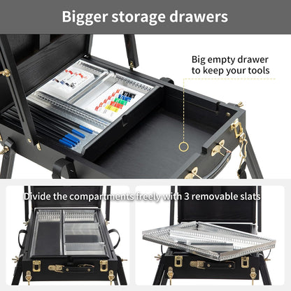 Falling in Art Light Weight French Style Field and Sketchebox Easel with Aluminum Tripod, Adjustable Beechwood Tripod Standing Easel with Drawer, Palette