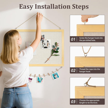 DOLLAR BOSS Bulletin Boards with Linen 1-Pack 16''X 12'' Double-Sided Cork Board for Walls Wood Framed Bulletin Boards, Small Pin Board for Home Kitchen Office Decorative Hanging 10 Pushpins