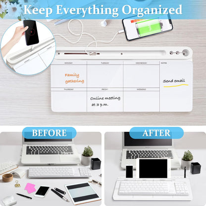 DOLLAR BOSS Glass Desk Whiteboard Calendar Small Dry Erase Board Desktop White Board with Storage Drawer Computer Keyboard Stand Desk Organizer, Colorful Weekly Calendar, Black