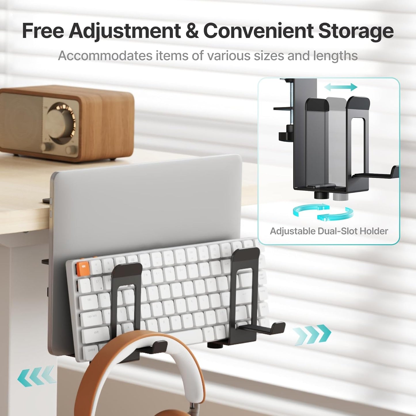PEGZONE Laptop Stand Vertical, 2-Slot Under Desk Laptop Holder, Desk Side Storage with Headphone Holder, Laptop Organizer for Office Gaming, Black