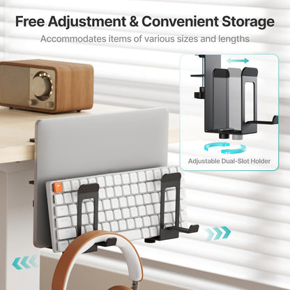 PEGZONE Laptop Stand Vertical, 2-Slot Under Desk Laptop Holder, Desk Side Storage with Headphone Holder, Laptop Organizer for Office Gaming, Black