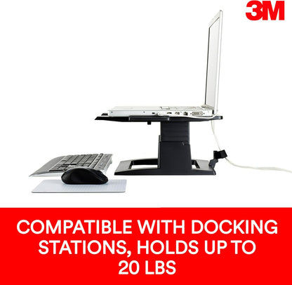 3M Adjustable Laptop Stand, Raise Screen Height to Reduce Neck Strain, 3" Height Adjustment, Large Platform for Docking Station, Non-Skid Base Keeps Laptop Secure, Cable Management, Black (LX500)