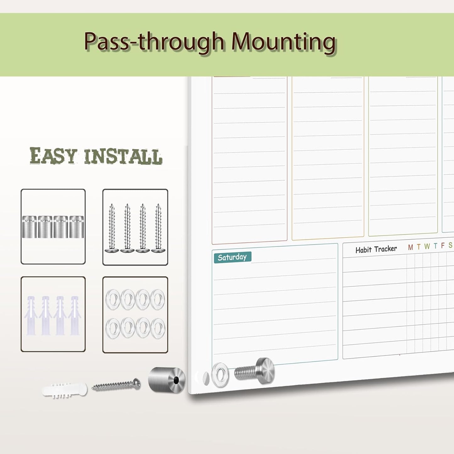 Glass Colorful Weekly Dry Erase Calendar Whiteboard for Wall,24"x 36",Frameless Mounting,Office/School/Home, Frameless Large Planner White Board