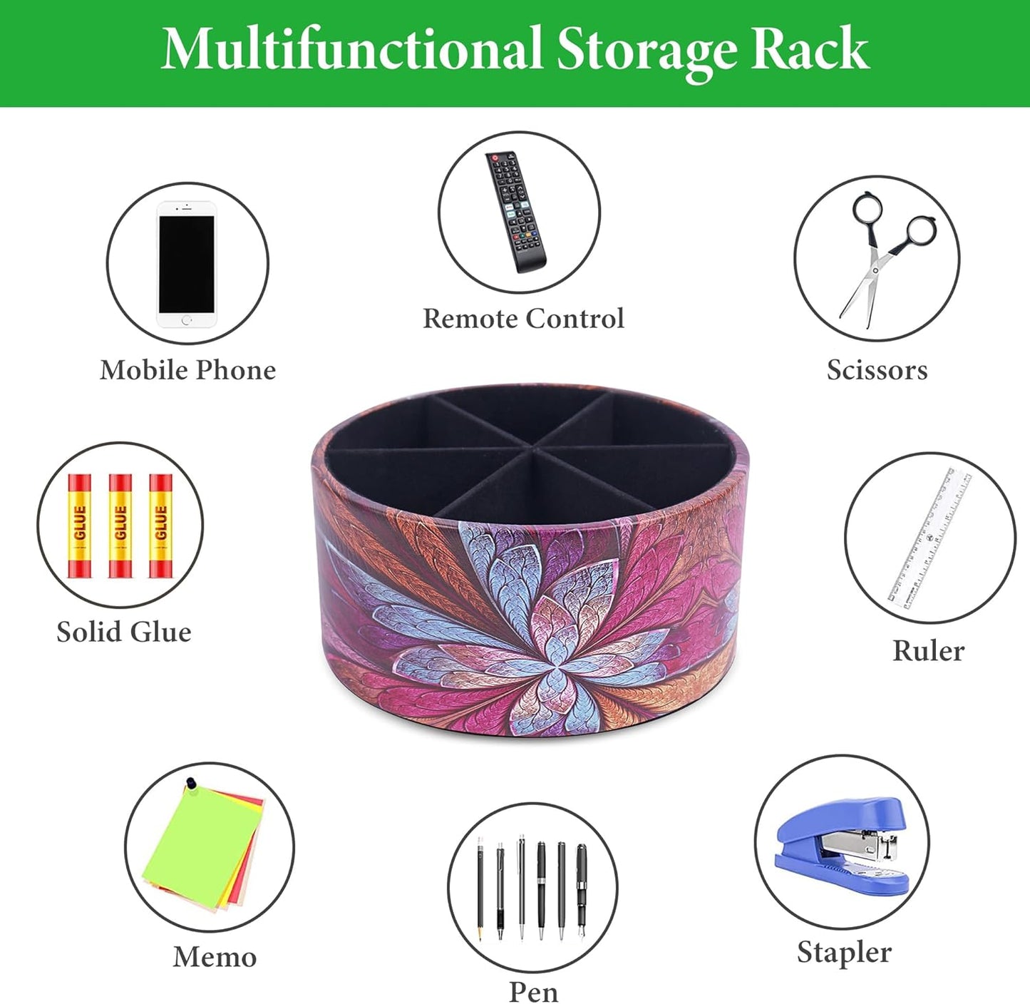 Round Leather Art Supply Organizer,Remote Control Holder,360 Degree Rotating,Multi-Functional Pencil Holder,4 Compartments Desktop Stationary Organizer(1-Fractal Flower) | Round - Colors A