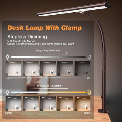 Airlonv LED Desk Lamp for Office Home, Eye-Caring Desk Light with Stepless Dimming Adjustable Flexible Gooseneck, 10W USB Adapter Desk Lamp with Clamp for Reading, Study, Workbench (Black)