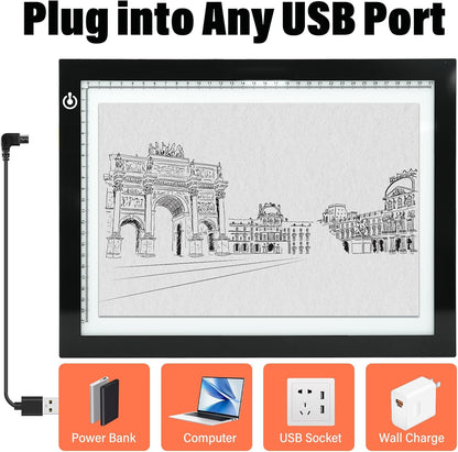 A4 LED Copy Board Tracing Light Box, Adjustable Brightness Artcraft LED Trace Light Pad, USB Power Light Table for Artists, Tattoo Drawing, Animation, Sketching, Stenciling & Diamond Art Painting