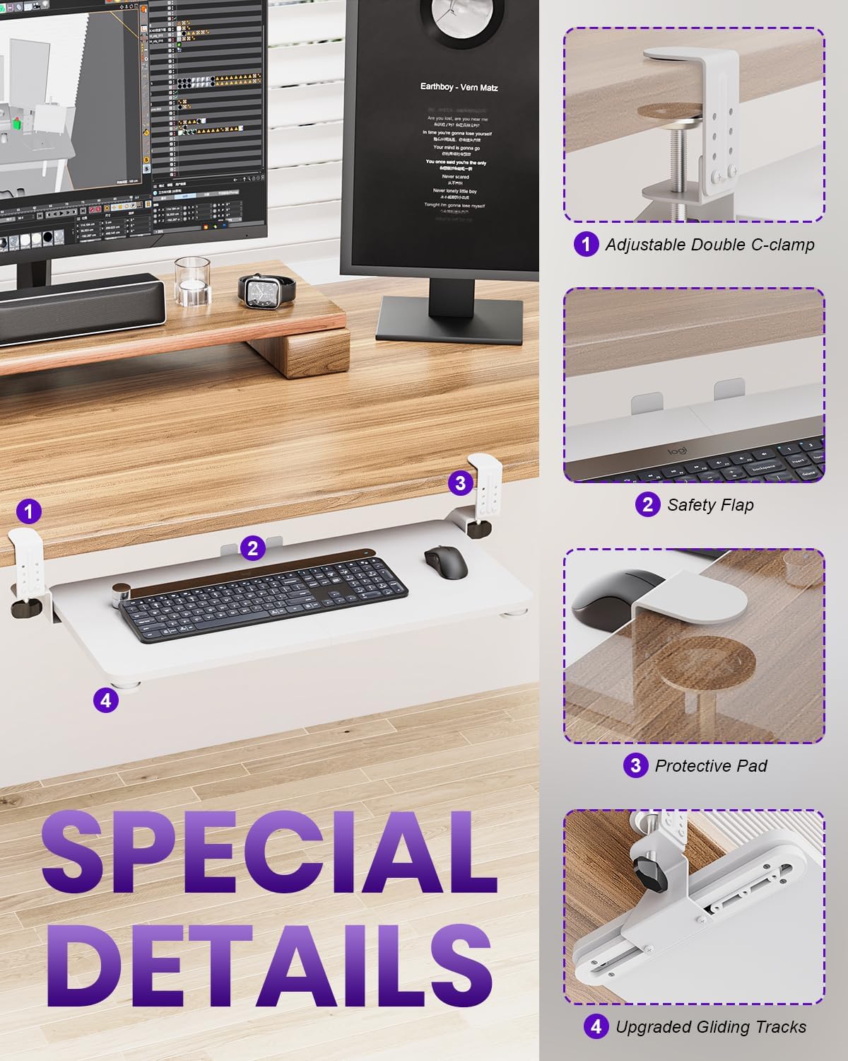 Ergonomic Mouse & Keyboard Tray Under Desk, Pull Out with Adjustable C-clamp, 20 (25.9 Including Clamps) x 11.8 Inch Slide Out Computer Keyboard Drawer Mouse Tray for Typing, Rustic Brown