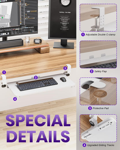 Ergonomic Mouse & Keyboard Tray Under Desk, Pull Out with Adjustable C-clamp, 20 (25.9 Including Clamps) x 11.8 Inch Slide Out Computer Keyboard Drawer Mouse Tray for Typing, Rustic Brown