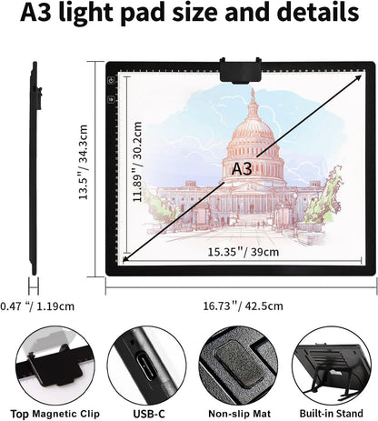 Rechargeable A4 Light Box with Padded Case,led Light pad with Built-in Stand & Clip,6 Levels of Brightness lightbox for tracing,Diamond Painting.Light Table for Artists,Drawing,Sketching,Animation