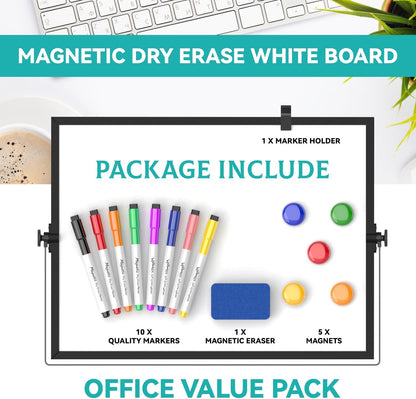 Dry Erase White Board, Cazeyoo Magnetic Desktop Whiteboard 16 x 12inch with Stand, 10 Markers, 4 Magnets and 1 Eraser, Portable Double-Sided White Board for Kids Drawing, Office, Home, School