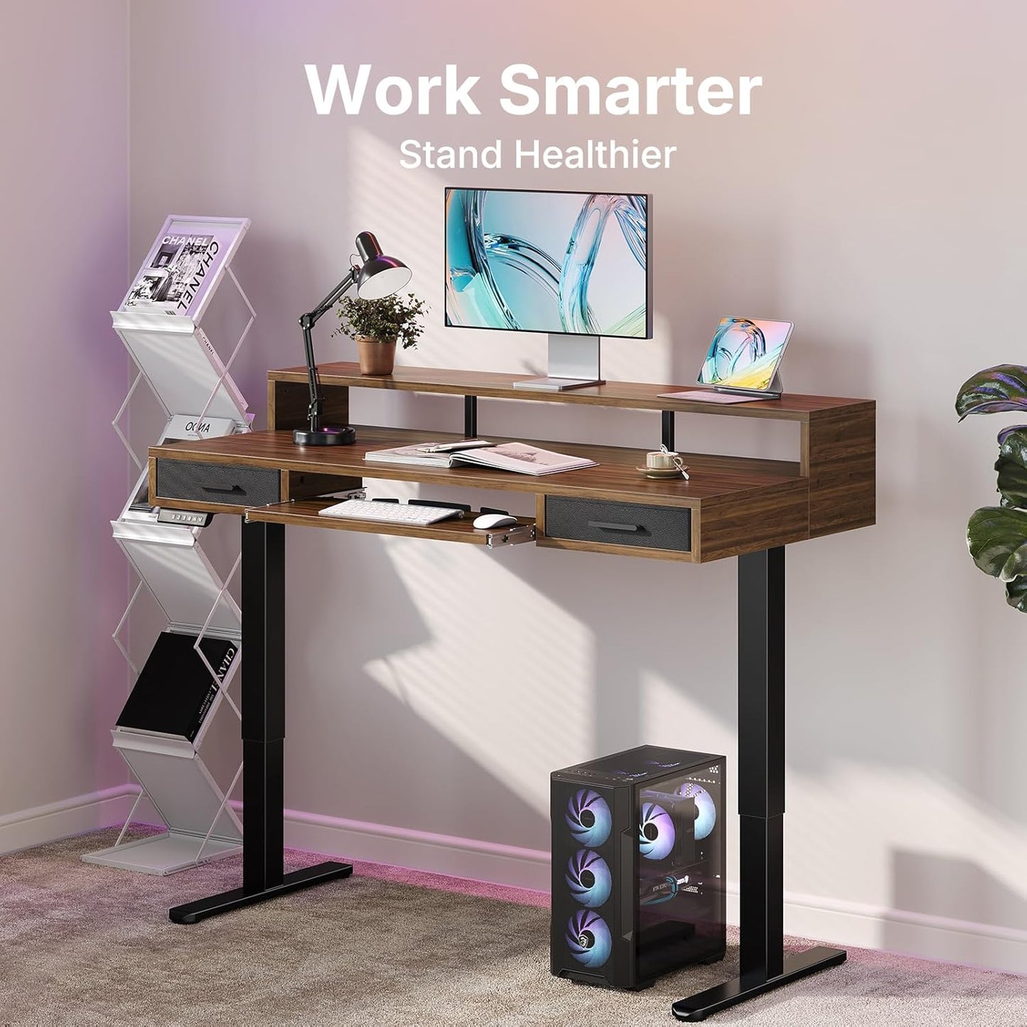 HUANUO 55″ x 26″ Electric Standing Desk with 2 Drawers &24.4″ Large Keyboard Tray, C-Clamp Mount Compatible, Adjustable Computer Desk for Office, Sit Stand Up Desk with 4 Height Presets, Light Walnut