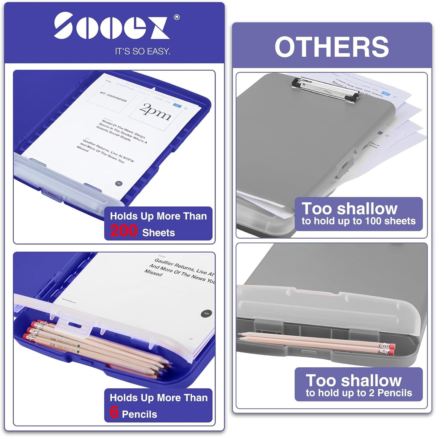 Sooez Clipboard with Storage, Clip Board 8.5 x 11 with Pen Holder, Plastic Organization Case Box for Letter Legal A4 Size Paper, Low Profile Clip, Nurses Teachers Must Haves, School & Office Supplies