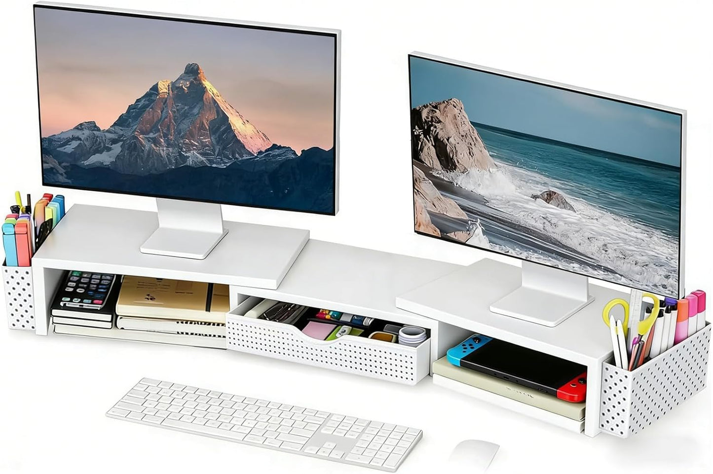 Spacrea Metal Desk Organizers and Accessories, Dual Monitor Stand Riser with Drawer and 2 Pen Holders, Desk Accessories & Workspace Desktop Organizers for Office Supplies (Wood)