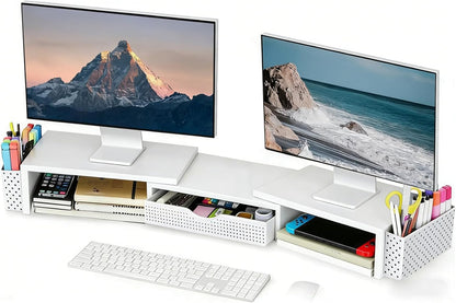 Spacrea Metal Desk Organizers and Accessories, Dual Monitor Stand Riser with Drawer and 2 Pen Holders, Desk Accessories & Workspace Desktop Organizers for Office Supplies (Wood)
