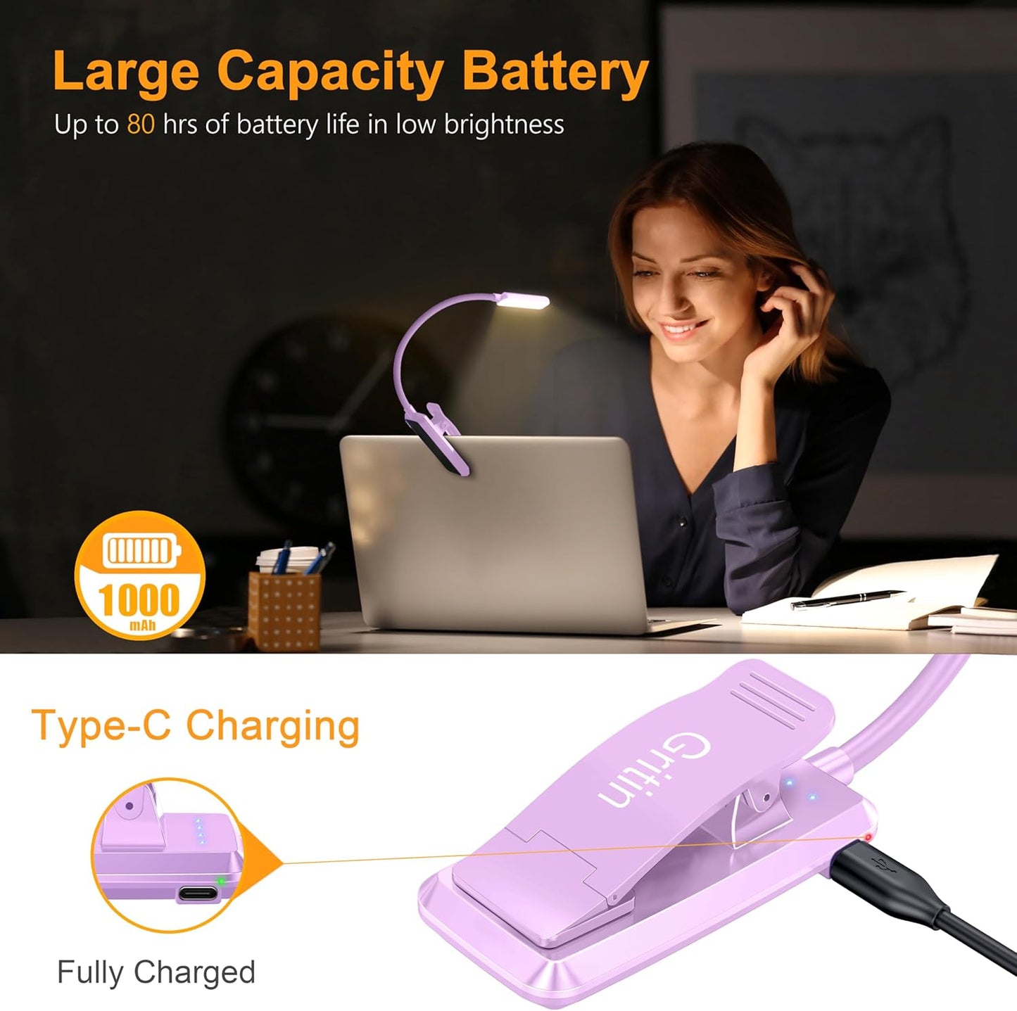 Gritin 9 LED Rechargeable Book Light for Reading in Bed - Eye Caring 3 Color Temperatures,Stepless Dimming Brightness,80 Hrs Runtime Small Lightweight Clip On Book Reading Light for Studying