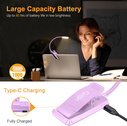 Gritin 9 LED Rechargeable Book Light for Reading in Bed - Eye Caring 3 Color Temperatures,Stepless Dimming Brightness,80 Hrs Runtime Small Lightweight Clip On Book Reading Light for Studying