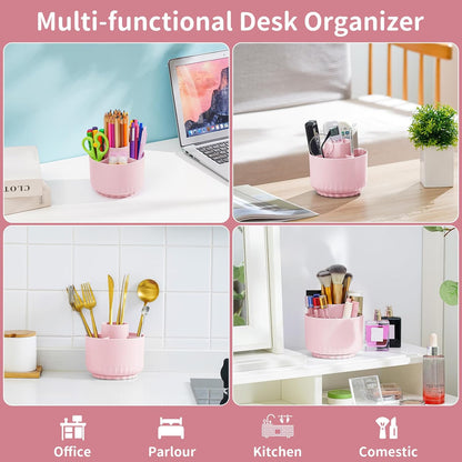 Marbrasse Desk Organizer, 360-Degree Rotating Pen Pencil Holder, Desk Organizers and Accessories with 5 Compartments Pencil Organizer, Art Supply Storage Box Caddy for Office, Home(Beige)