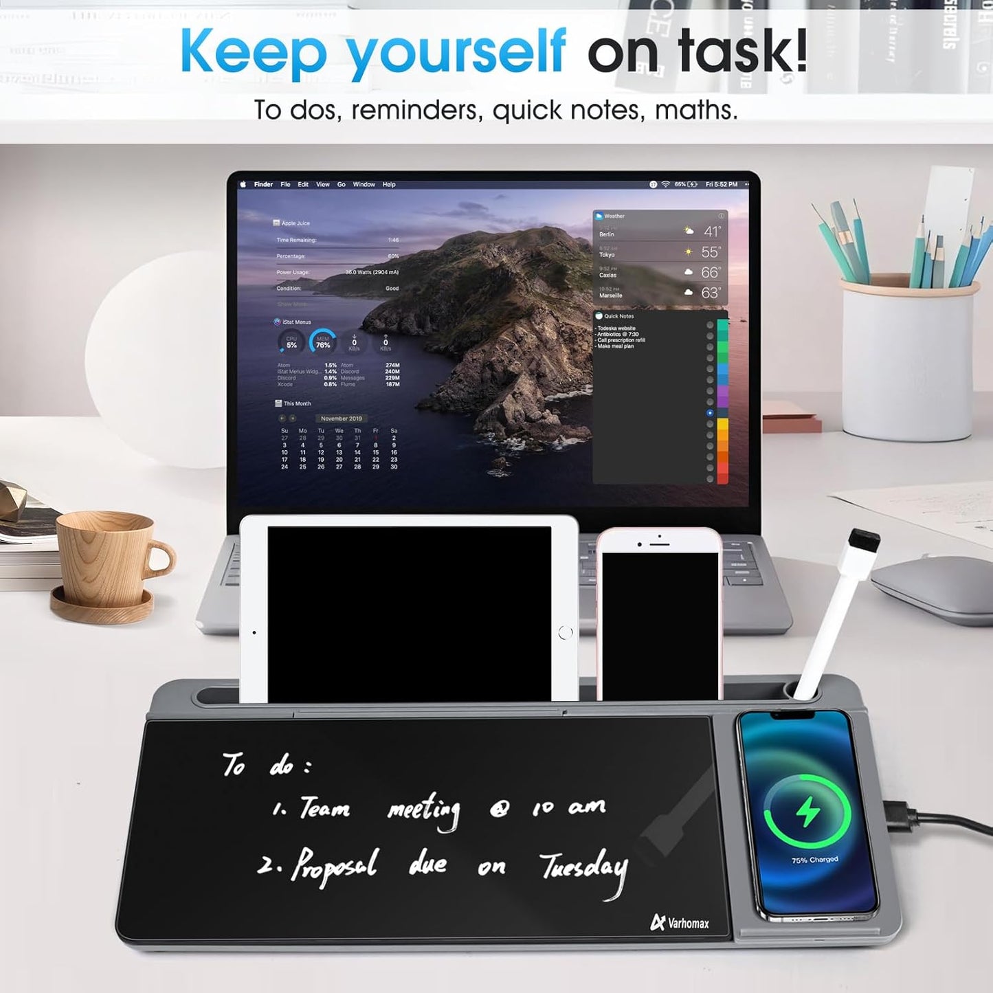 Varhomax Glass Weekly Planner Desk White Board, Desktop Calendar Whiteboard with Storage, to Do List Memo Caddy for Home Office and School Supplies, Black
