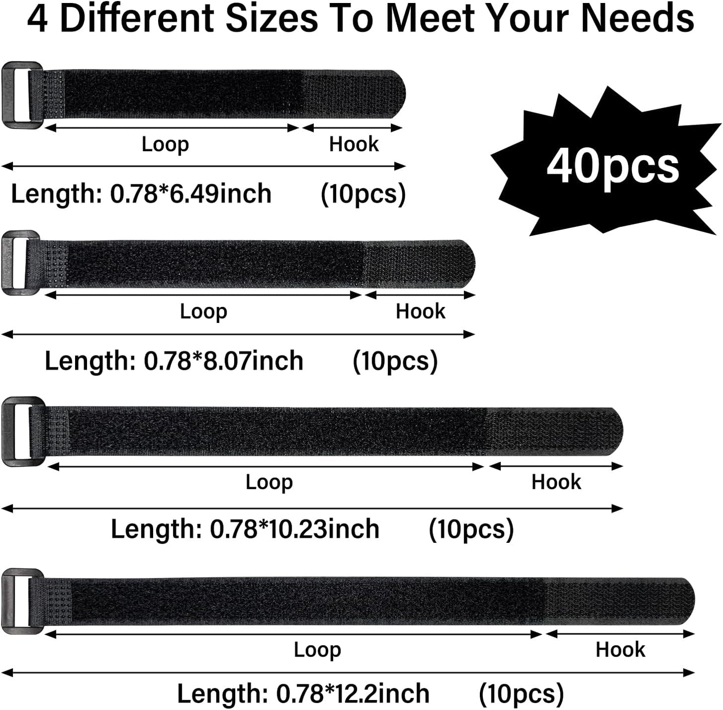 40pcs Reusable Cable Ties - 4 Sizes (6/8/10/12 Inch) - Hook and Loop Cinch Straps for Wire Management - Heavy Duty Cord Organizer & Wire Ties for Electronics, PC, Home & Office
