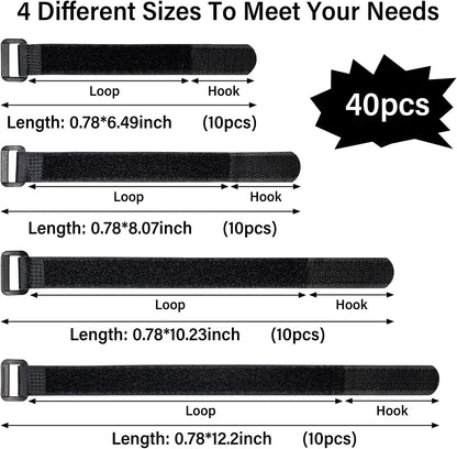 40pcs Reusable Cable Ties - 4 Sizes (6/8/10/12 Inch) - Hook and Loop Cinch Straps for Wire Management - Heavy Duty Cord Organizer & Wire Ties for Electronics, PC, Home & Office