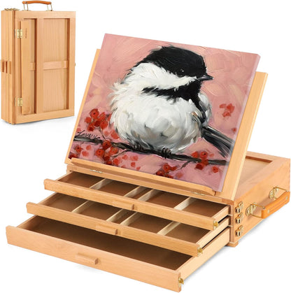 VISWIN Tabletop Easel with Storage Drawer & Palette, Adjustable Portable Beech Wood Sketch Box Table Top Easel for Painting, Desktop Travel Art Easel for Adults, Artists, Students