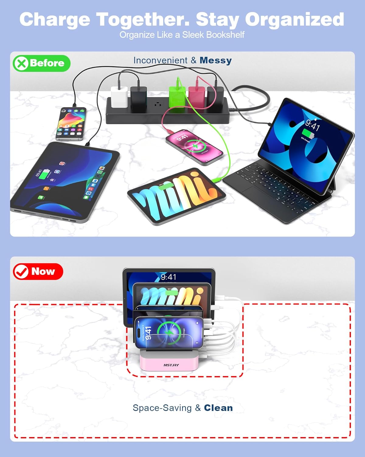 MSTJRY Charging Station for Multiple Devices : 5 Port Multi USB-A Charger Stations Multi-Device Organizer Charging Dock Designed for iPhone iPad Cell Phone Tablets (7 Short Cables Included)