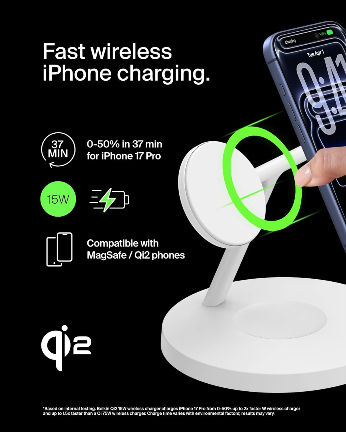 Belkin MagSafe-Compatible iPhone Charger, 3-in-1 Wireless Charging Station, Qi2-Certified 15W Wireless Charge for Apple iPhone 17 Series, Apple Watch, AirPods w/Non-Slip Base, 40W Included - Black
