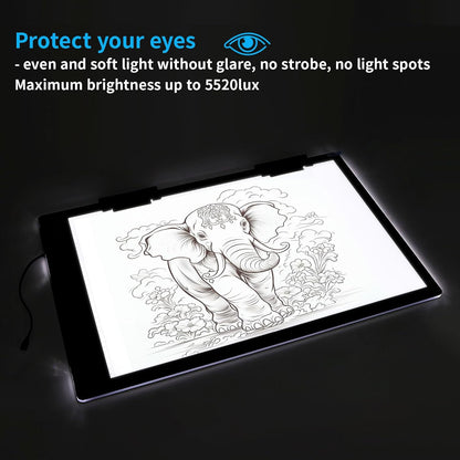 YINGWOND Rechargeable A4 LED Light Pad with Padded Case, Tracing Light Box w/Riser Stands and Paper Clip, 6 Levels of Brightness, Type-c Cable, Wireless Diamond Painting Light Board