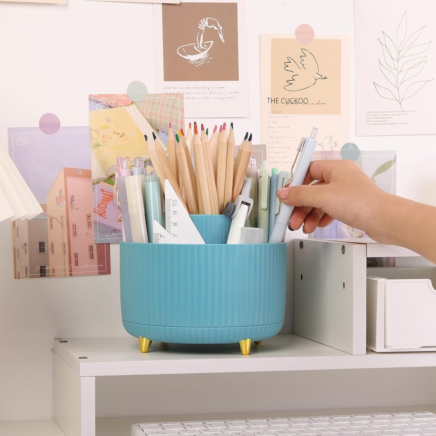 SKYDUE 360 Rotating Plastic Desk Pen Organizer with 5 Slots, Dual-Purpose Art Supply Pencil Cup for Office, School, Home