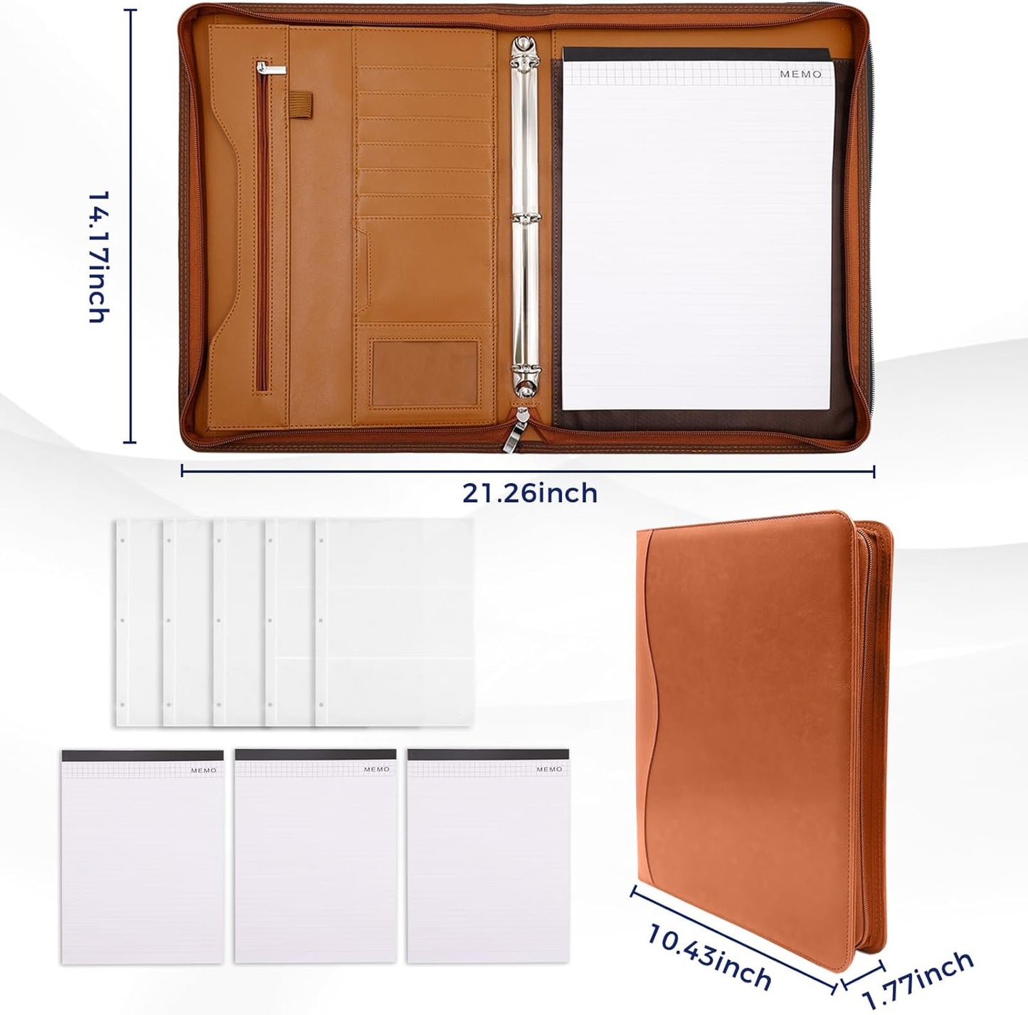 Padfolio Portfolio Folder Binder-Organizer Planner Notebook Zippered Portfolio Padfolio for Women & Men with Document Sleeve,Letter/A4 Size Clipboard,Business Card Holders (Brown Leaf)