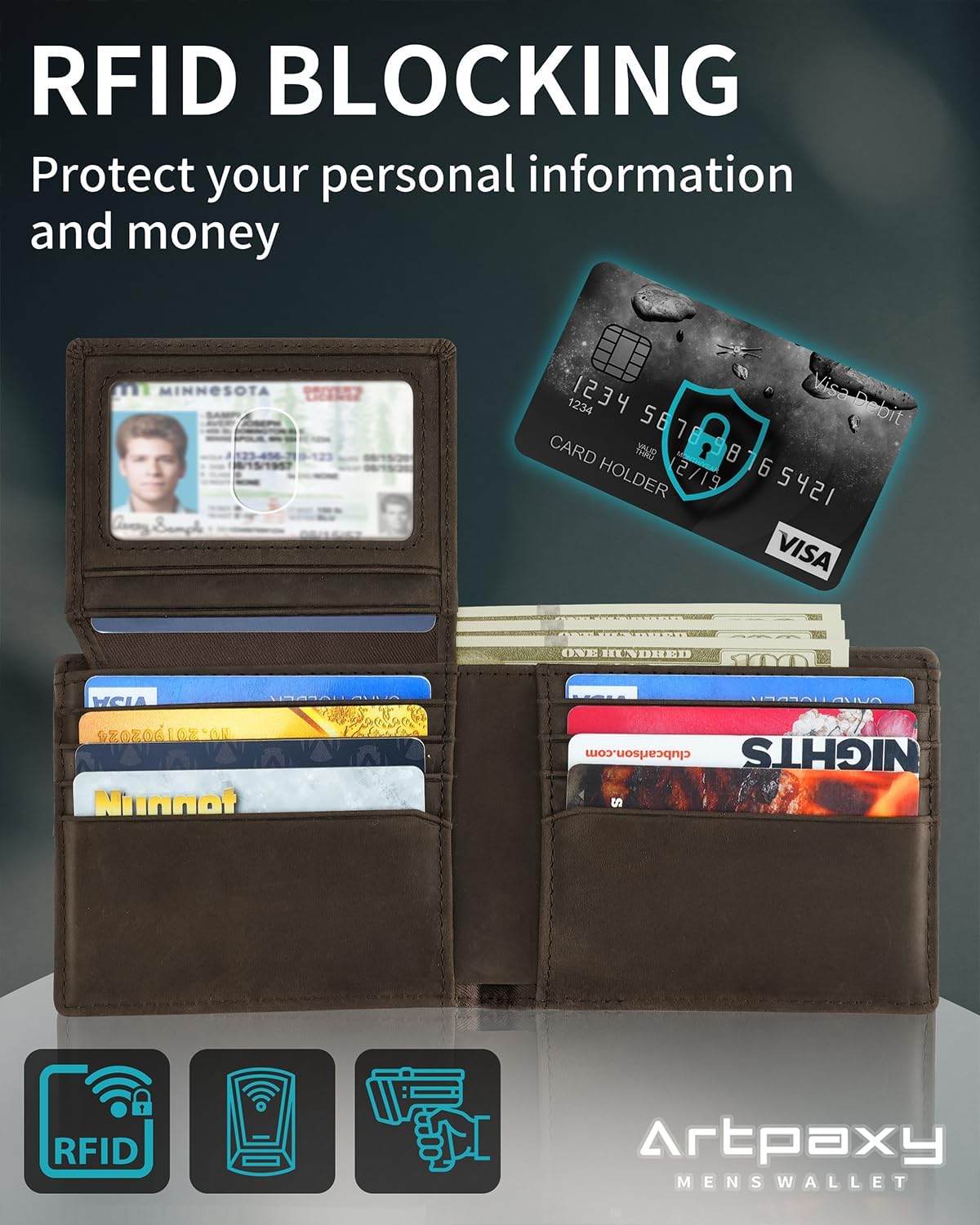 Mens Wallet With AirTag Holder, Bifold Leather RFID Blocking 1-2 ID Windows 12-13 Card Holders, Gift Box and Screen Protector Included, AirTag Not Included