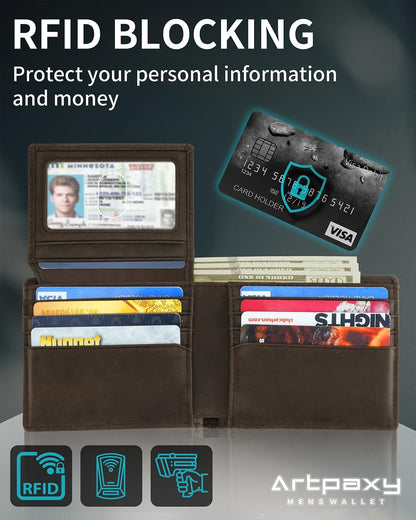 Mens Wallet With AirTag Holder, Bifold Leather RFID Blocking 1-2 ID Windows 12-13 Card Holders, Gift Box and Screen Protector Included, AirTag Not Included