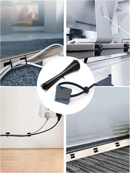 Strong Back-Glue Self Adhesive Cable Zip Tie Mounts Kit - 100 Set Cable Management Clips with 6" Zip Ties, Wire Holders - Outdoor Sticky Wire Organizer Clips-Black