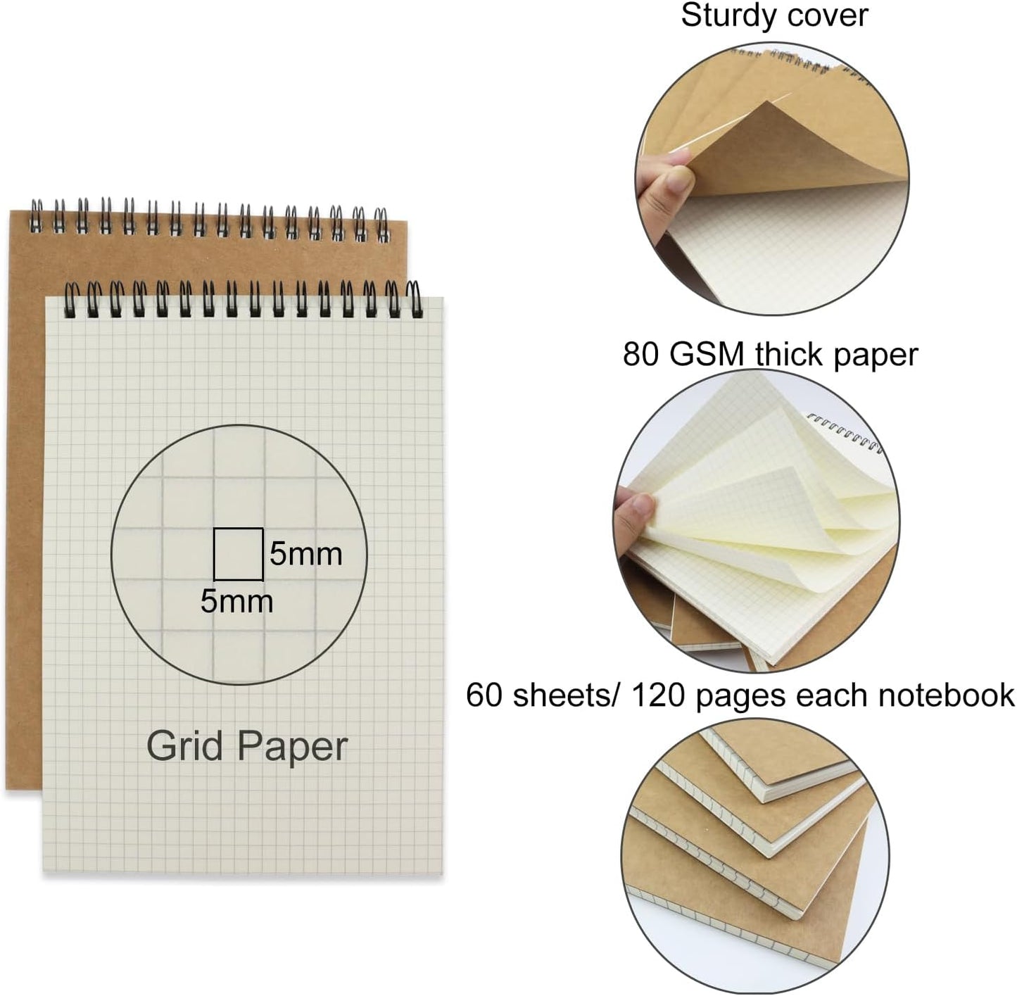 4 Pack Graph Paper Notebook, A5 Top Wirebound Grid Spiral Notebook 5.8" x 8.3",60 Sheets,5mm x 5mm Grid Paper,Grid Notepad for Students, Math, Engineering (4 Colors)